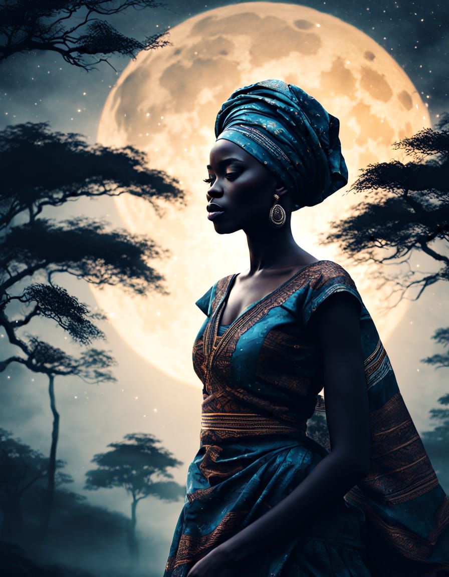 Surreal African Goddess in Mystical Forest Moonlight