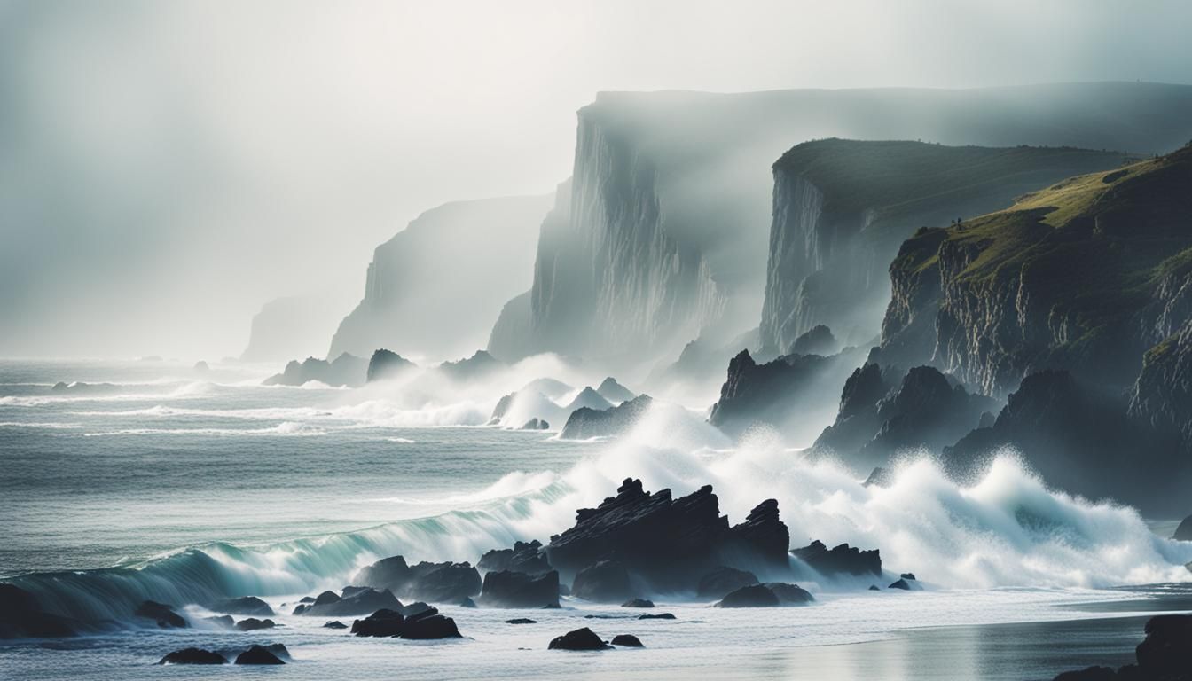 Misty Coastline Photograph with Crashing Waves