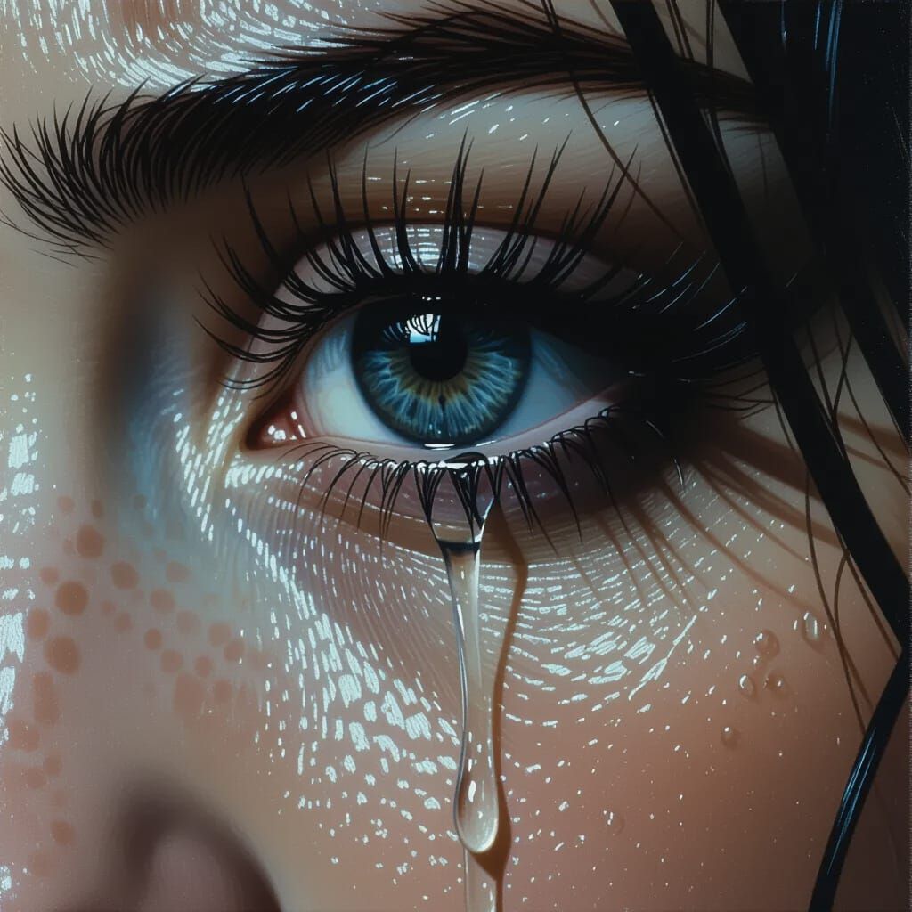 Hyperrealistic Eye Weeping in Dramatic Chiaroscuro