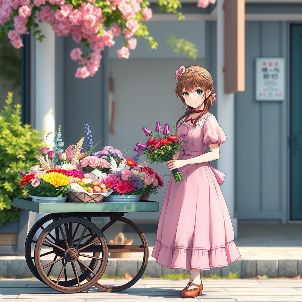 Hyper Realistic Anime Girl Selling Flowers from a Flower Car...