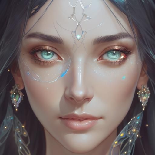 Woman in Glass Dress with Dazzling Night Sky Backdrop