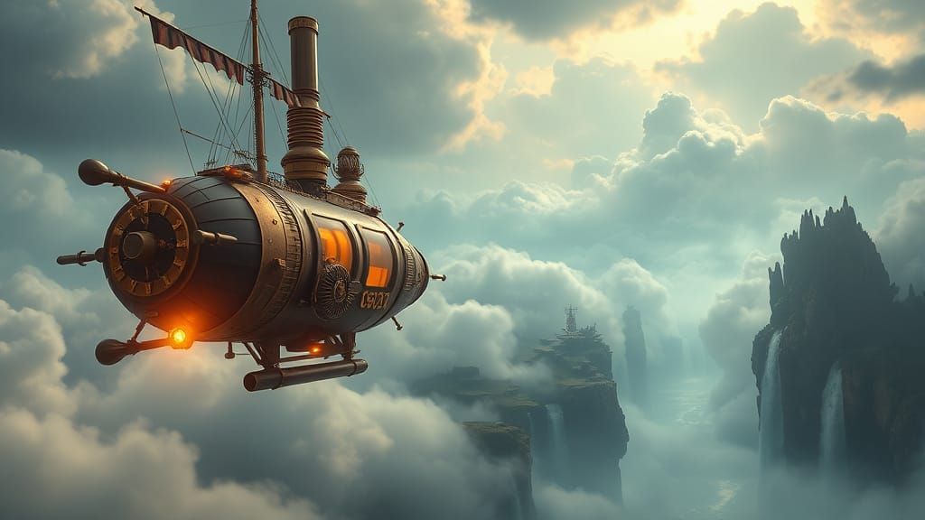 Steampunk Airship Navigating Misty Islands