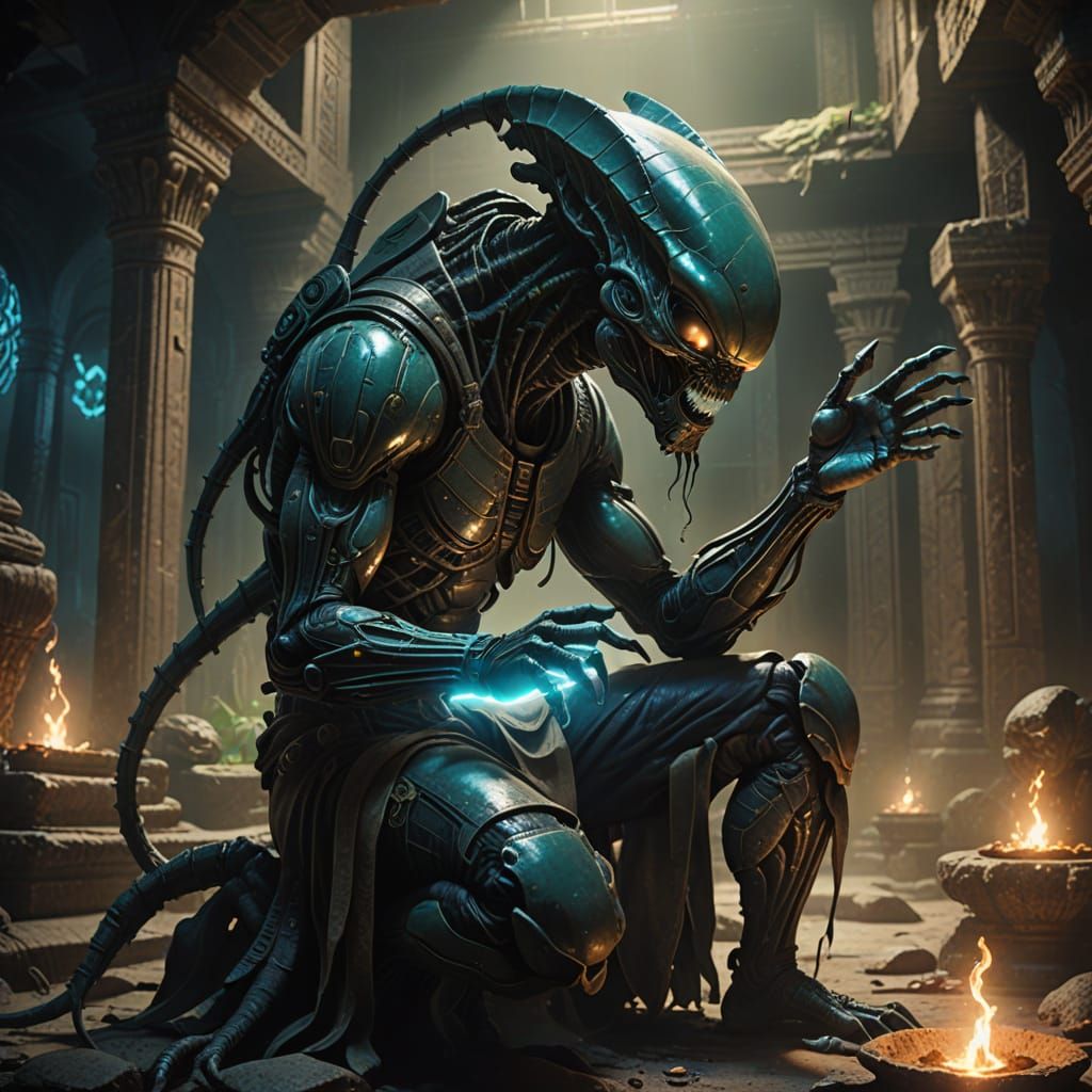 Ancient Temple Alien in Dramatic Low-Key Lighting