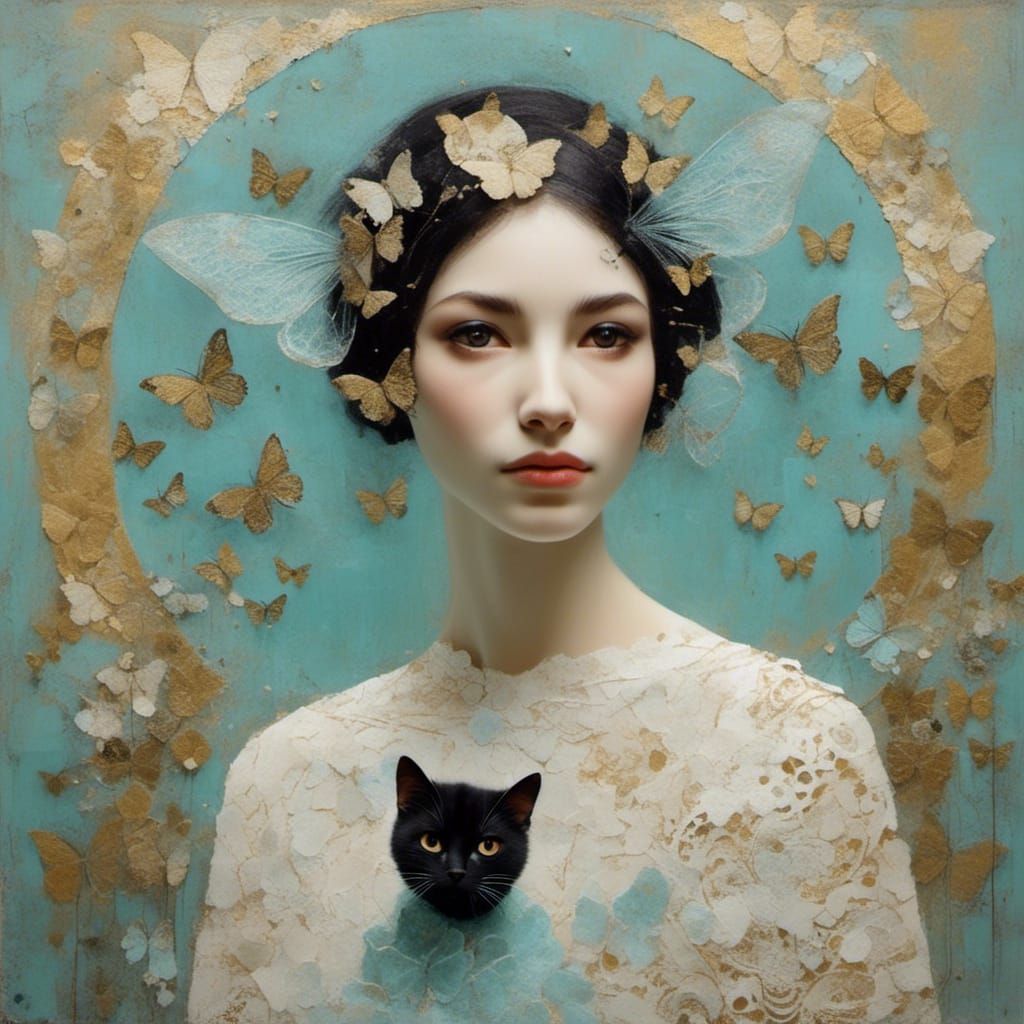Surreal Black Cat with Butterfly Wings Portrait