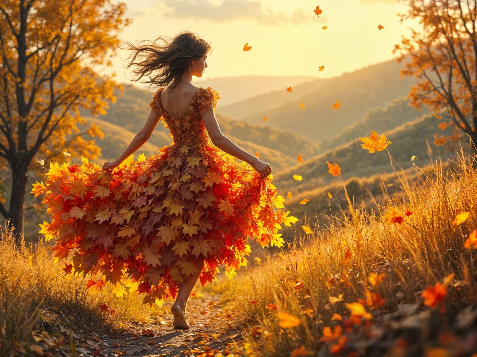 Woman in Autumn Leaf Dress Oil Painting