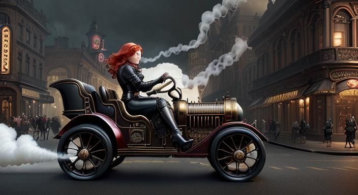 Steampunk Redhead Drives Steam Car in Cinematic Style