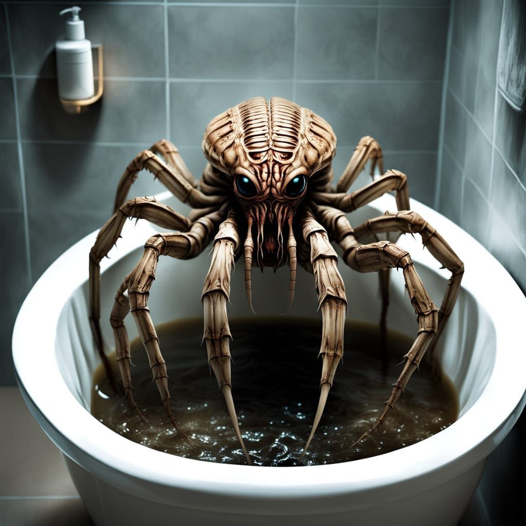 Glowing Red Eyes of a Biomechanical Facehugger in a Dark, We...