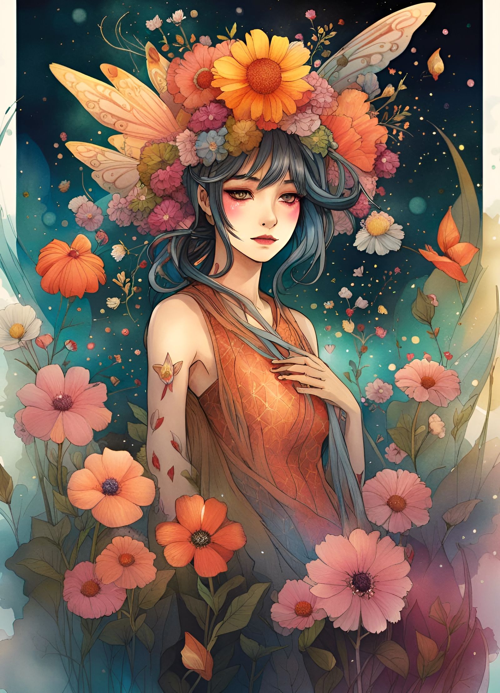 Gorgeous Flower Fairy Tarot Card in Anime Style