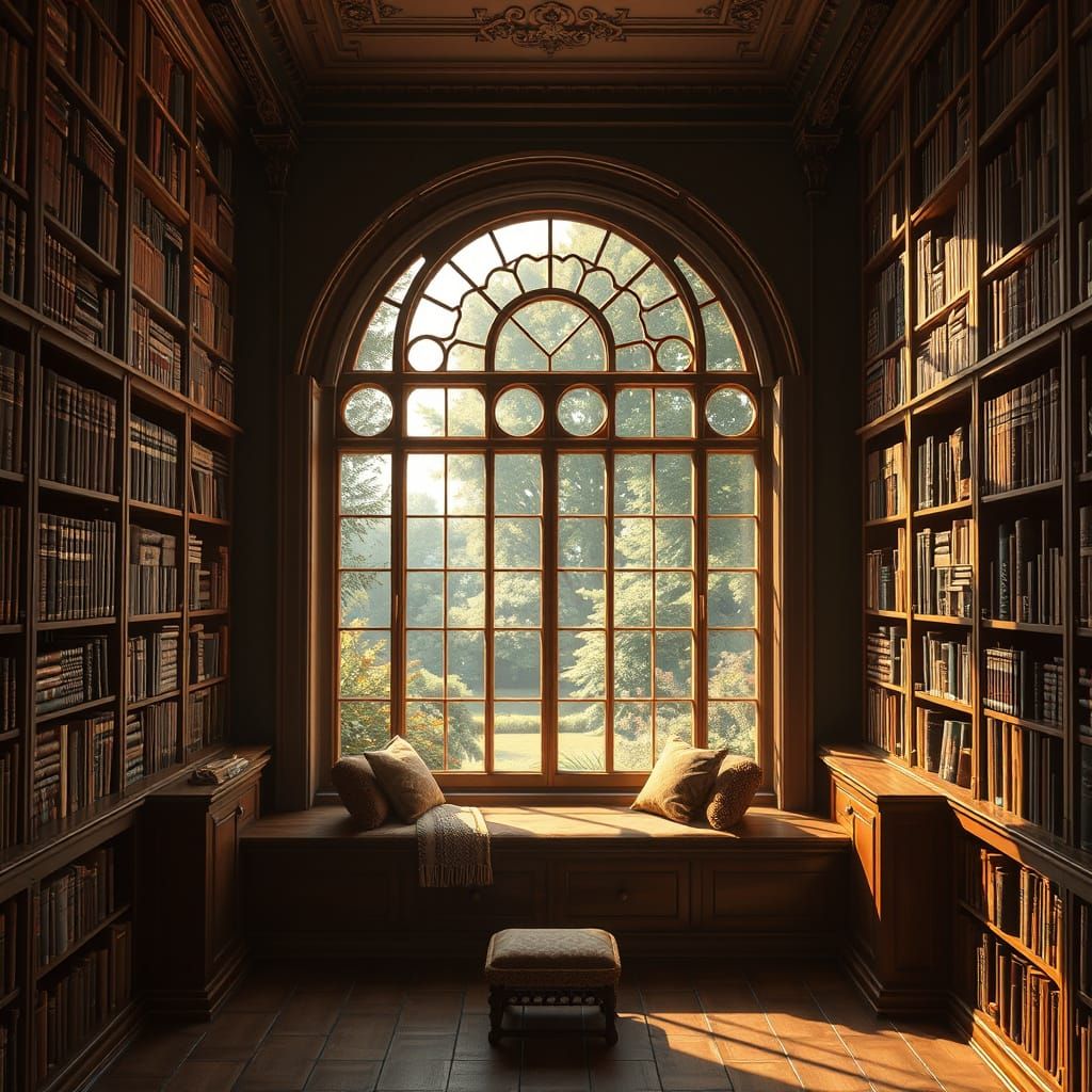 Cozy Library Window Seat in Fantasy Concept Art