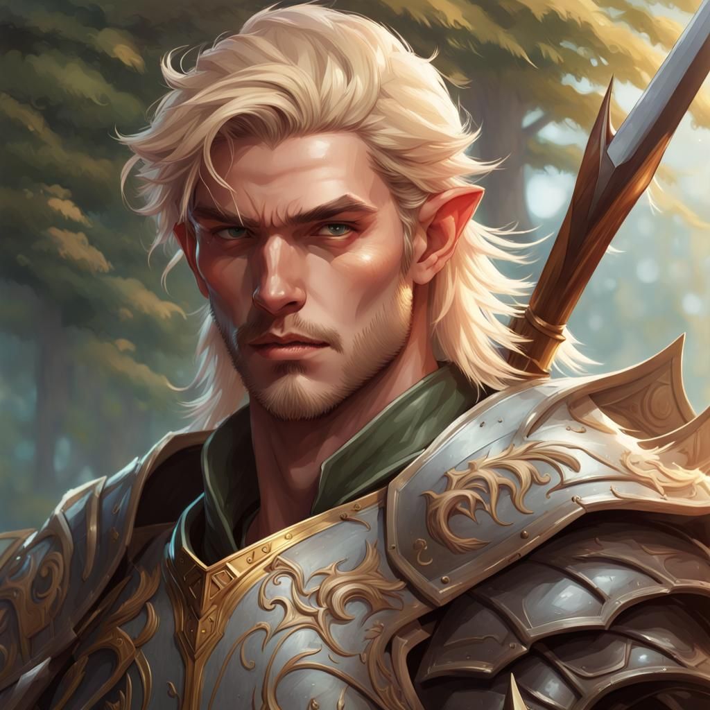 Wood Elf Knight Portrait in Hyperdetailed Style