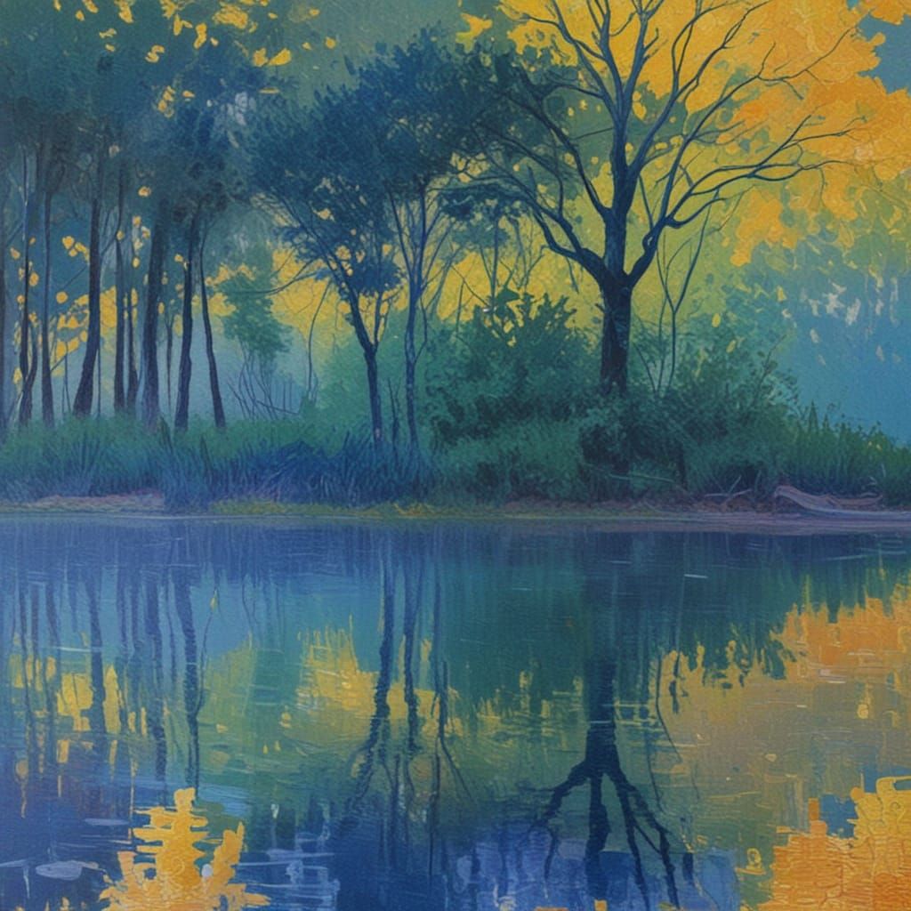 Serene Twilight Pond in Impressionist Oil Painting Style