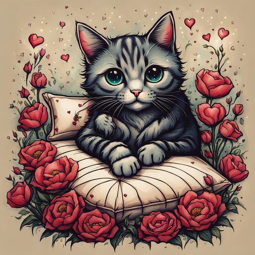 Cute Cat with Flowers in Dark Art Style