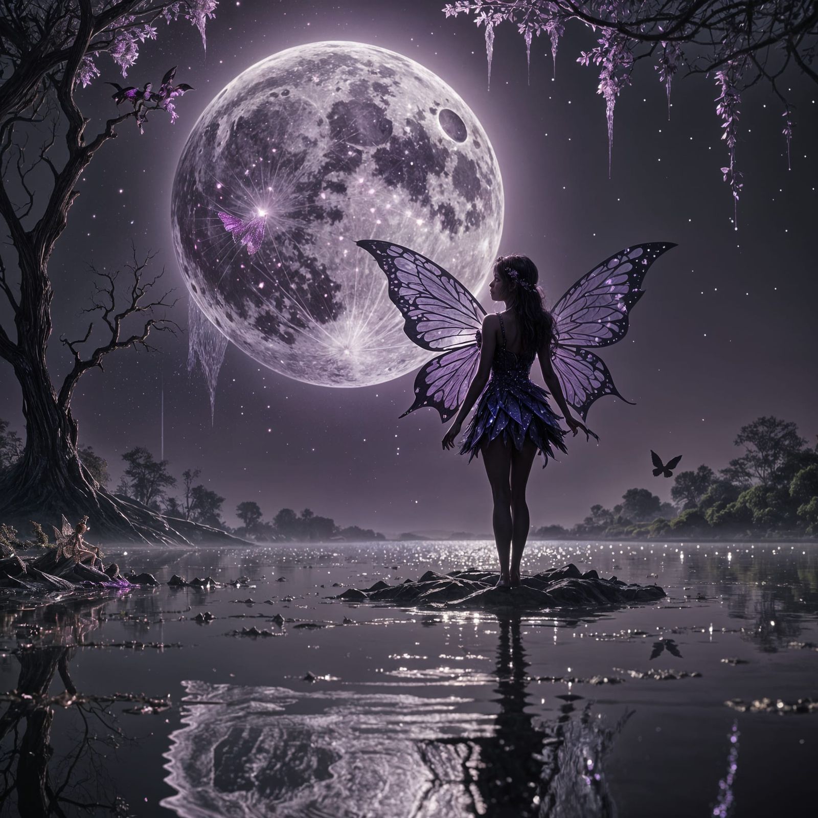 Fairy Silhouette Under Sparkling Neon Moon