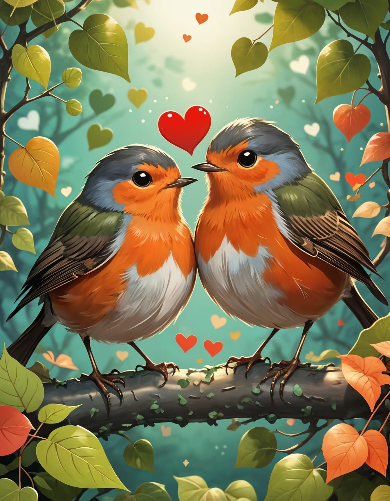 Whimsical Couple of Robins in Heart-Shaped Leaves, in Cartoo...