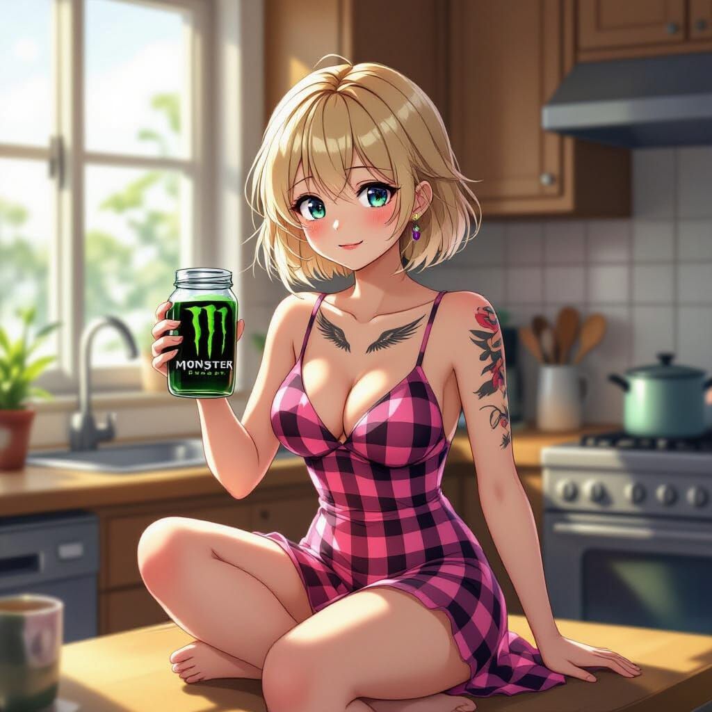 Anime Woman with Energy Drink in Kitchen