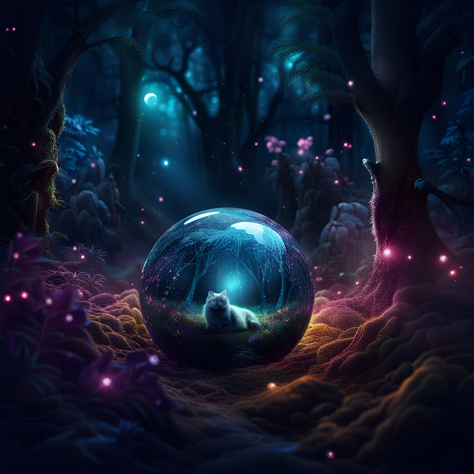 Glittering Magic Sphere Reflecting Cat in Forest