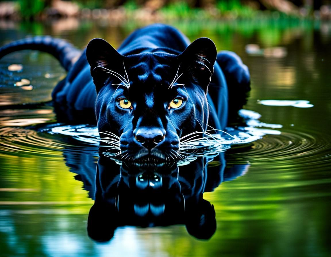 Elegant Black Panther Twin Reflection in Water