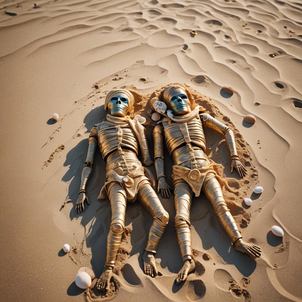 Ethereal Beach Scene: Golden Sand, Mummies Soaking Up Sun