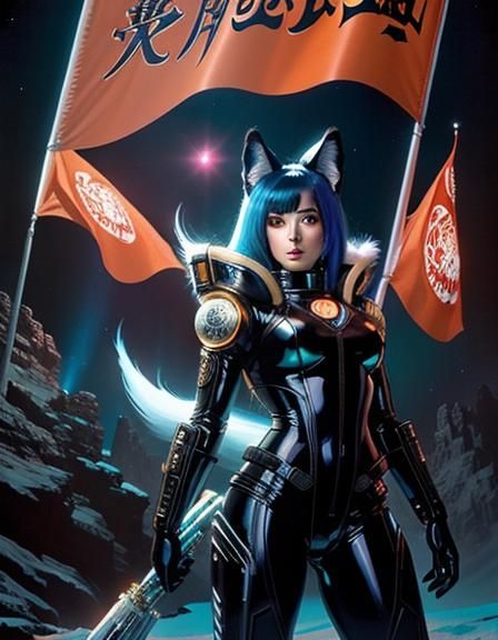 Neon Anime Fox Astronaut on the Moon