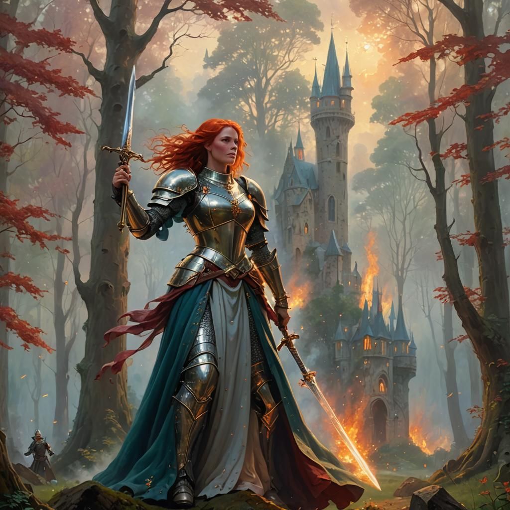 Medieval Woman in Armor Ballgown in Misty Forest