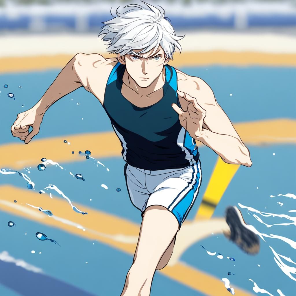Teen Boy with White Hair Runs on Track