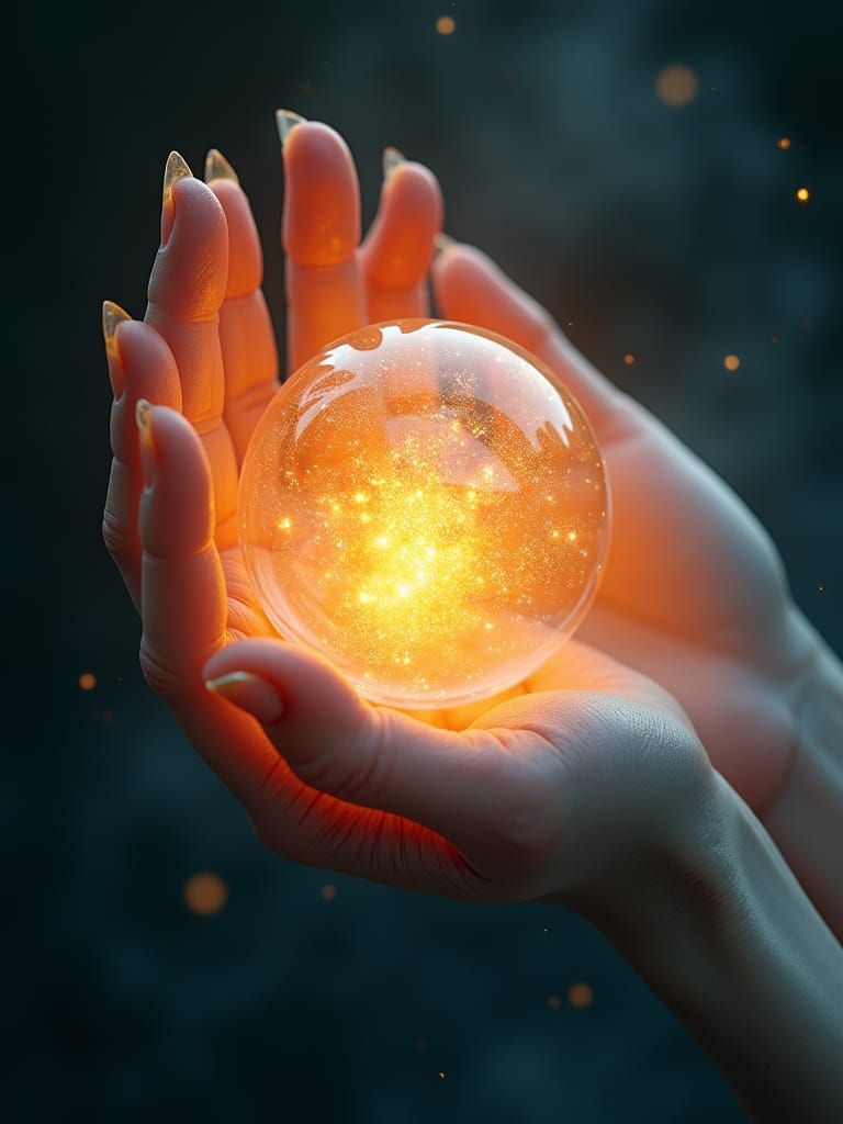 Hand Holding Glowing Magic Sphere: Hyperrealistic CGI Art