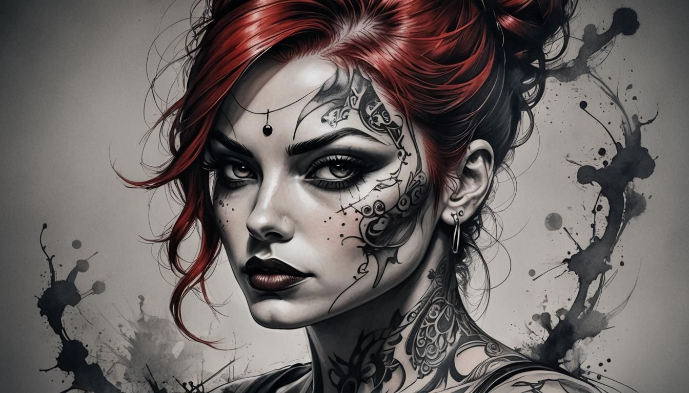 Rockabilly Girl Tattoo Sketch in Double Exposure