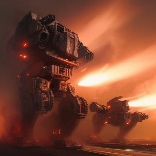 Apocalyptic Battlemech in Burning City: Digital Art
