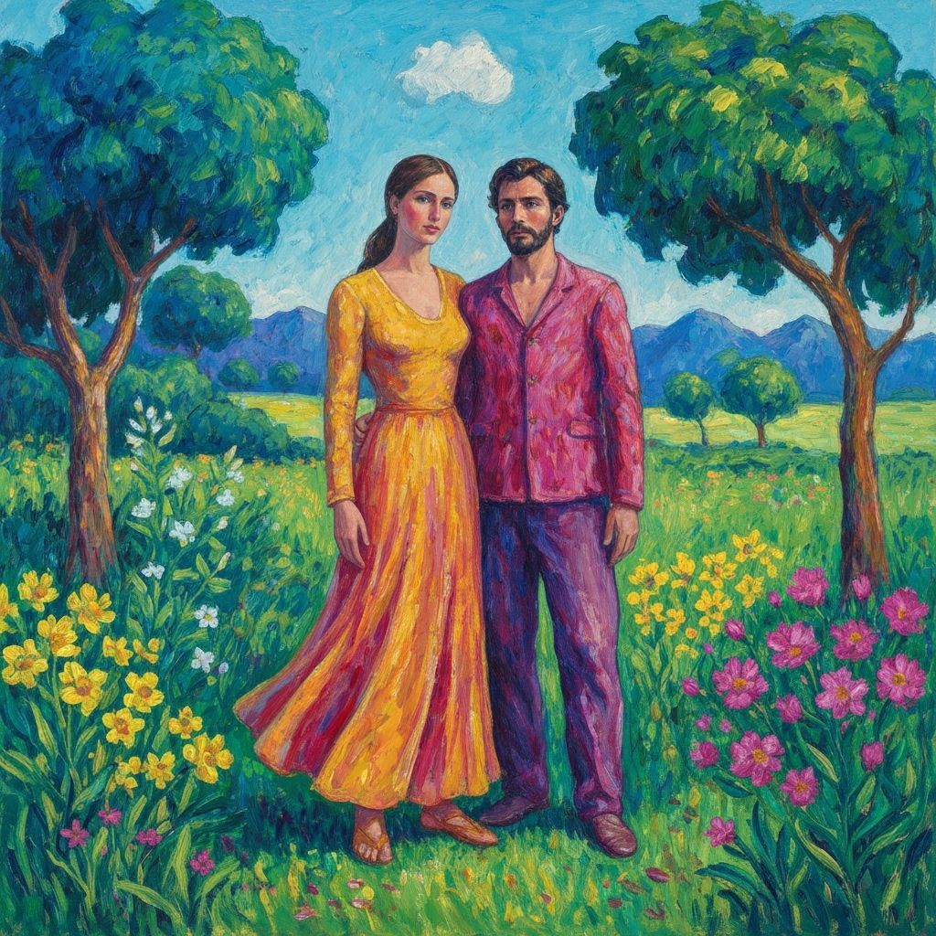 Figures in a Lush Garden, Expressive Surrealist Painting