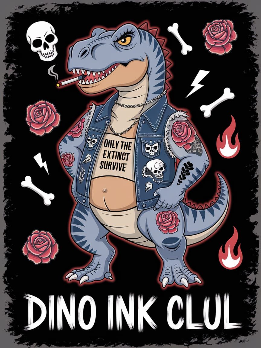 Badass Tattooed Allosaurus in Cartoon Vector Style