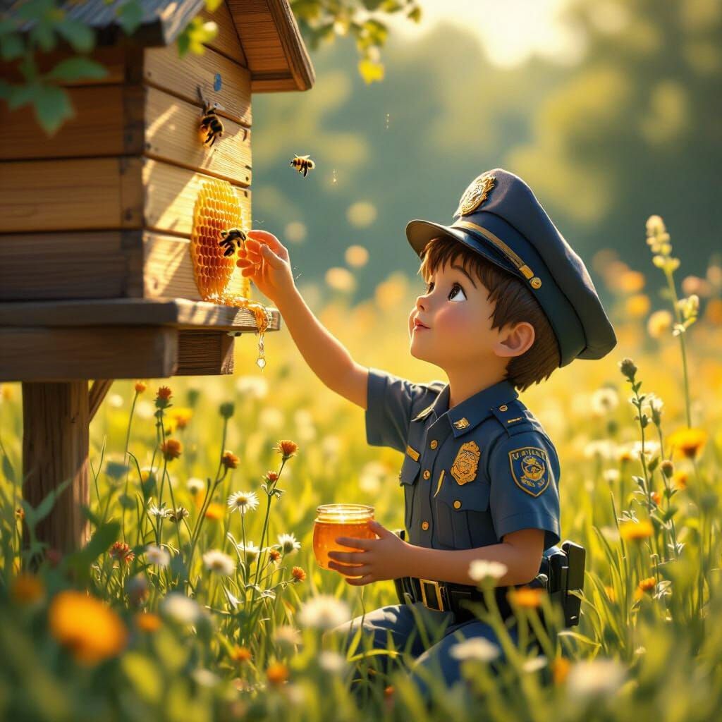 Boy Reaching Beehive in Sun-Drenched Meadow, Ghibli Style