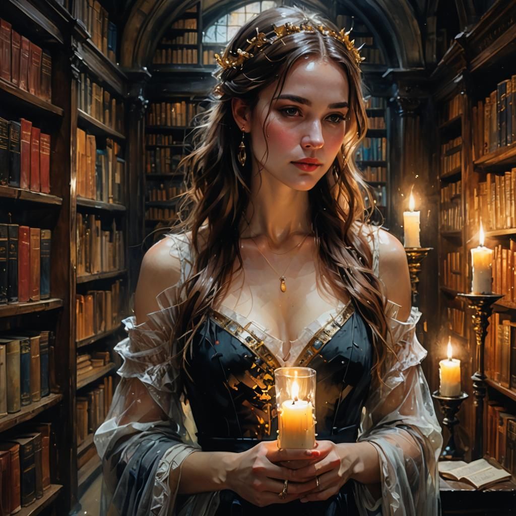 Princess Visits Ancient Library at Night: Surreal Alcohol In...
