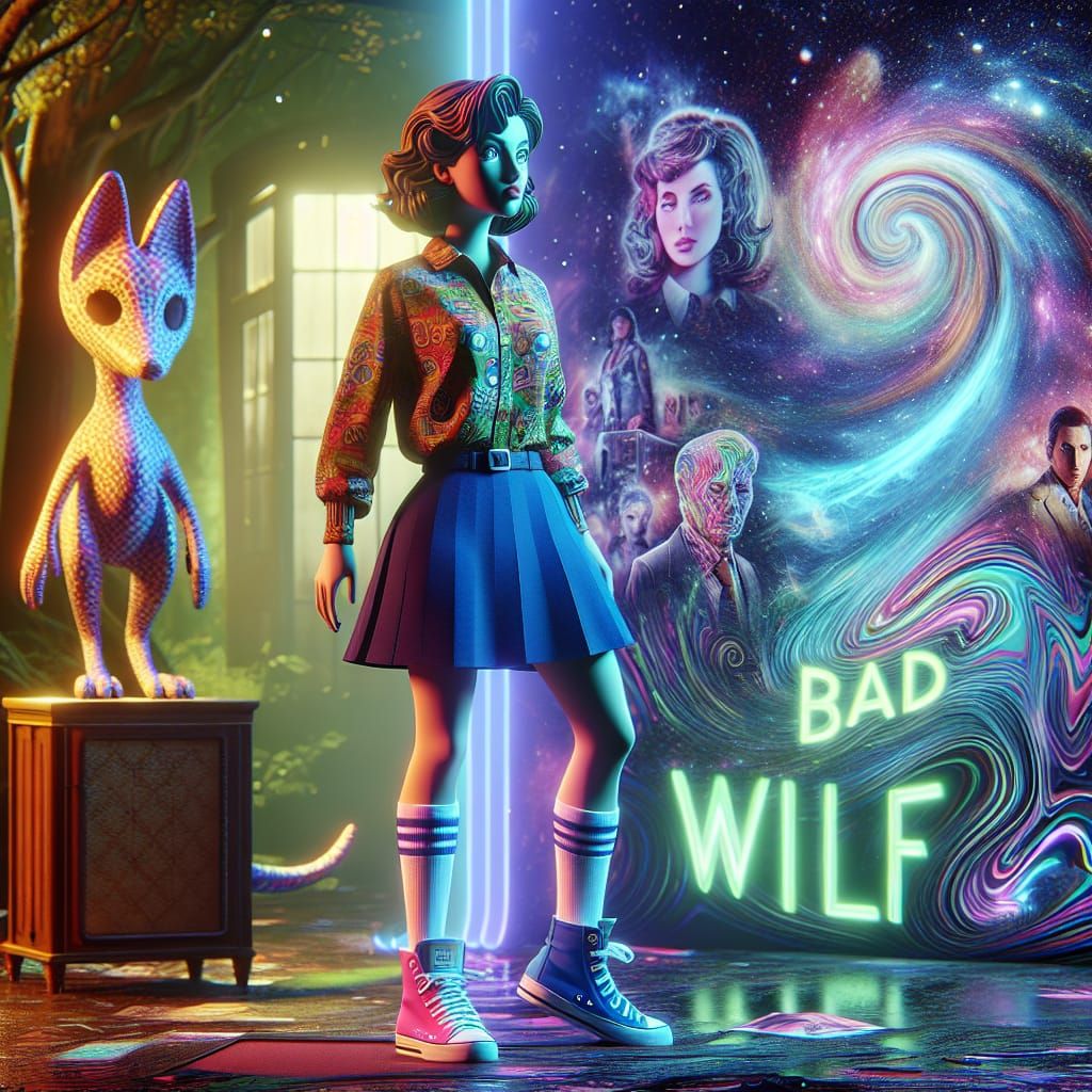 Time-Traveling Heroine with Chameleon in Glitchy Cosmic Scen...