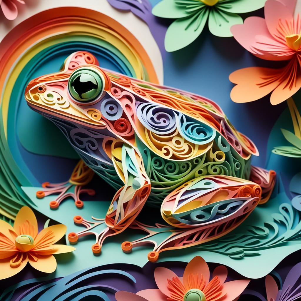 Rainbow Kirigami Frog Paper Sculpture in 8K