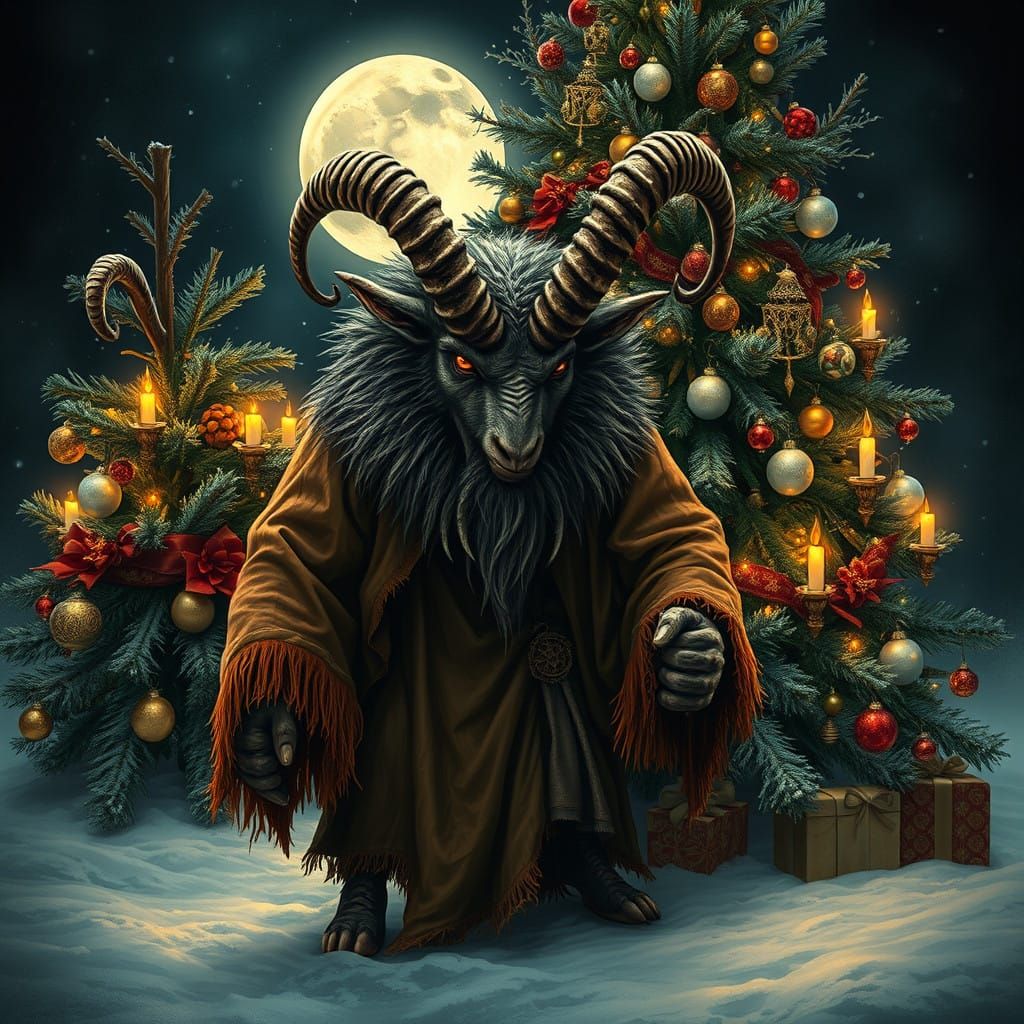 A half-goat, half-demon Krampus figure, adorned in tattered, earthy-toned robes and horns, sneaks around a lavishly deco...