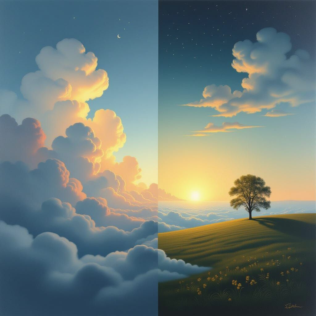 Surreal Dreamscape Merging Night and Dawn