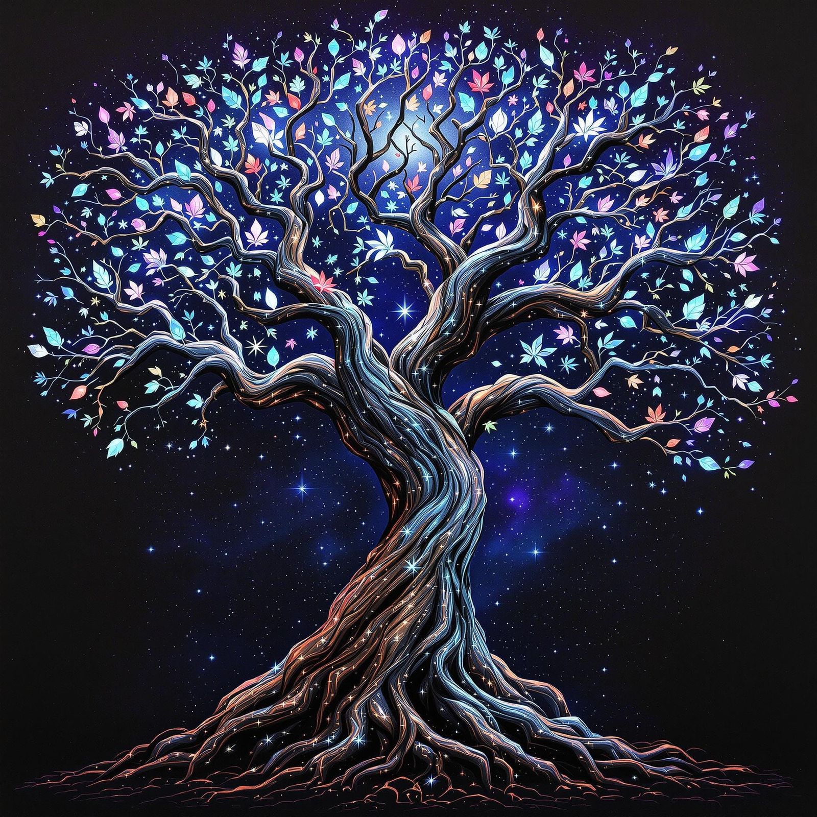 Mystical Tree of Nature Symbols in Ethereal Blue Glow