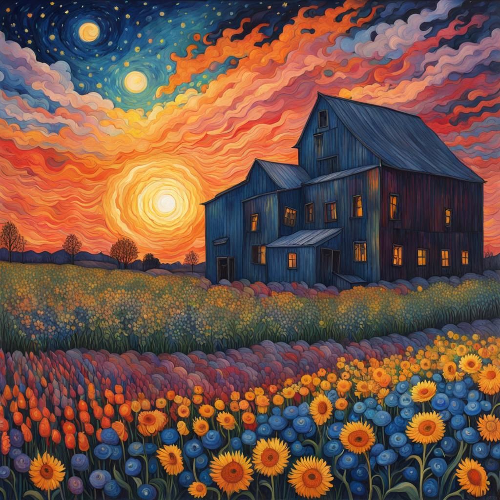 Abandoned Factory in Flower Field: Watercolor Illustration