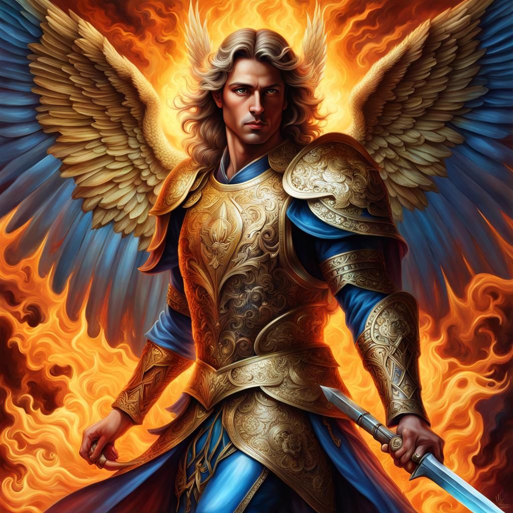 Archangel Michael's Fiery Battle: Hyperreal Art