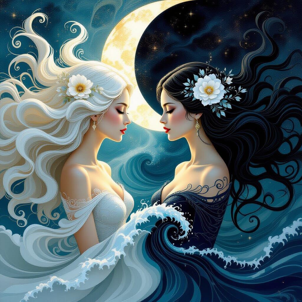 Ethereal Yin and Yang Floral Women in Fantasy Art