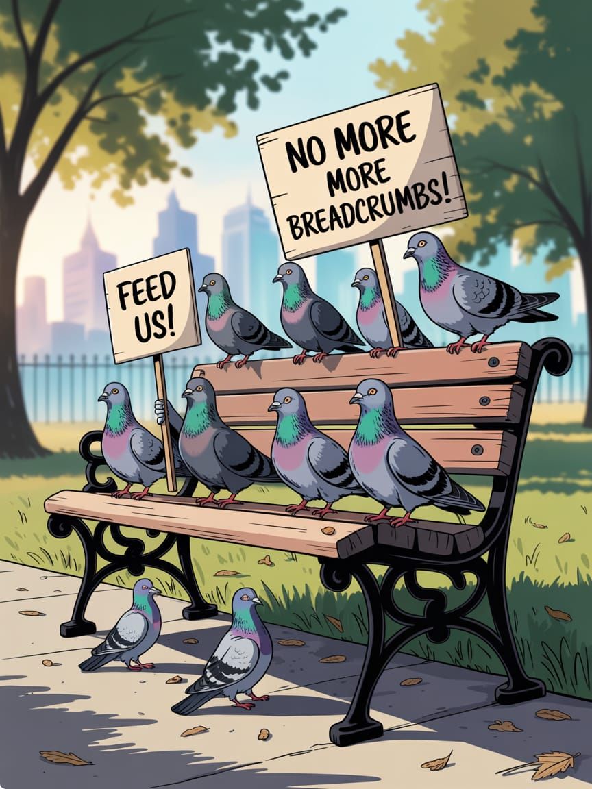 Pigeons Protest for Food in Street Art Style