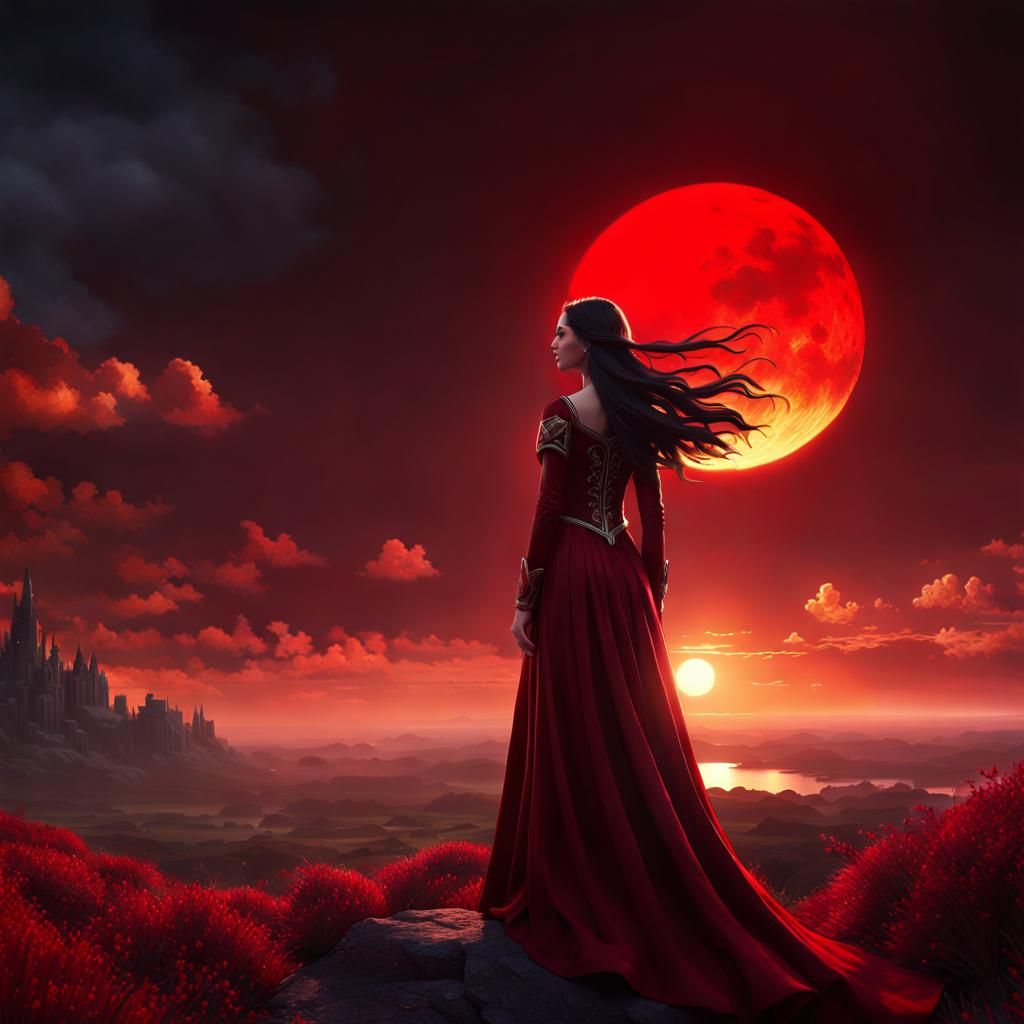 Girl in Red Gown Under Red Sun, Digital Matte Painting