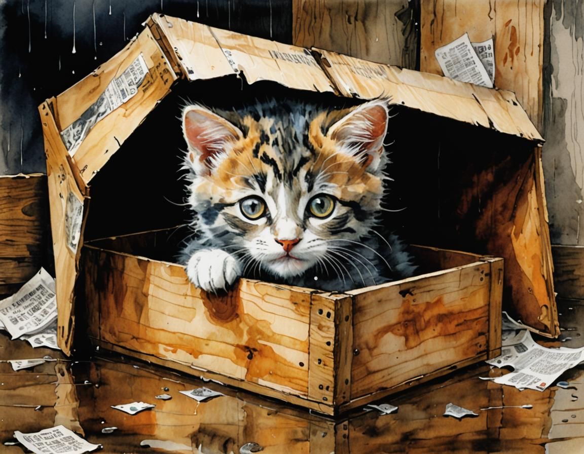 Lost Kitten in Rain: Watercolor Masterpiece