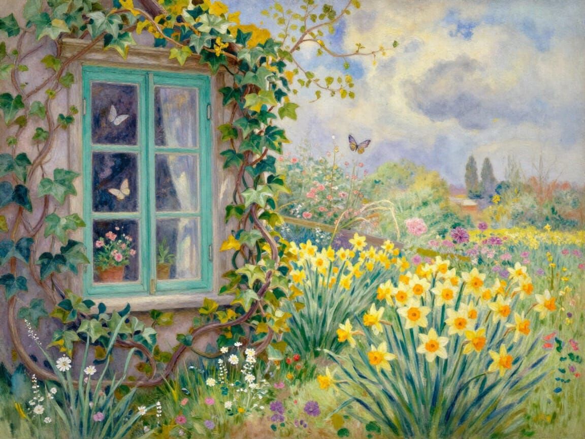 Watercolor Impressionist Garden Scene with Turquoise Window