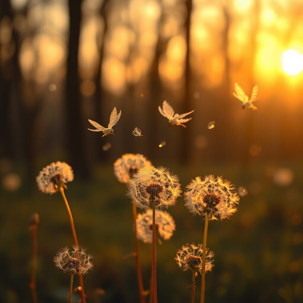 Dandelion Seeds Become Winged Sprites in Ethereal Forest