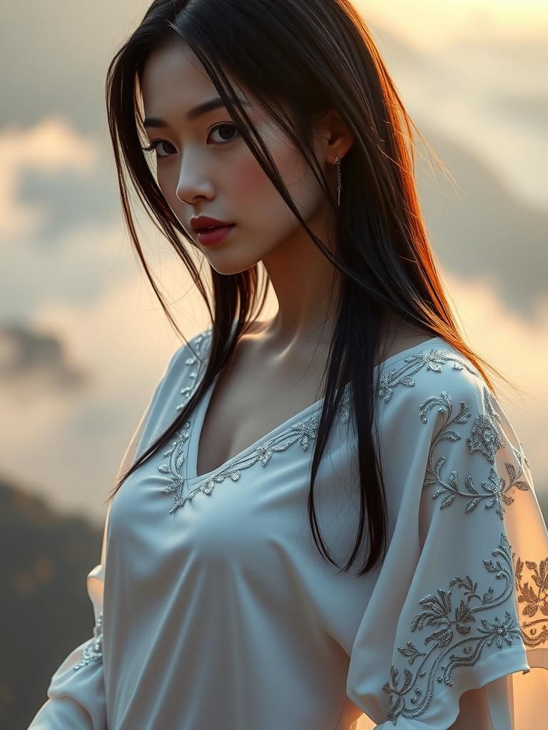 Korean Model in Dreamy Landscape, Digital Art Style