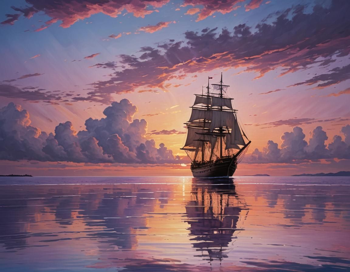 Cozy Wooden Ship Sails a Sunset Sea