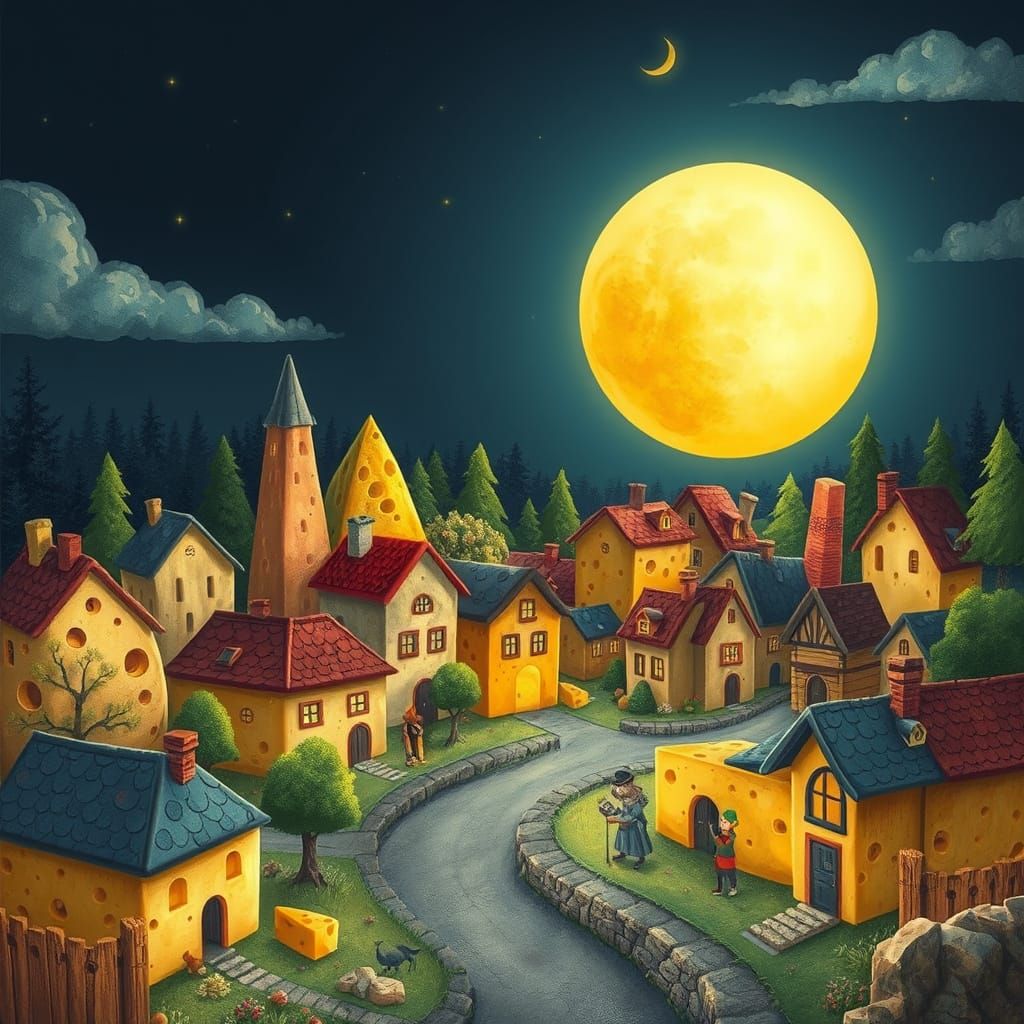 Whimsical Cheesetown Night Scene with Giant Cheese Moon
