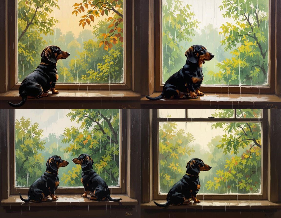 Oil Painting of Dachshund Watching Autumn Rain on Windowsill