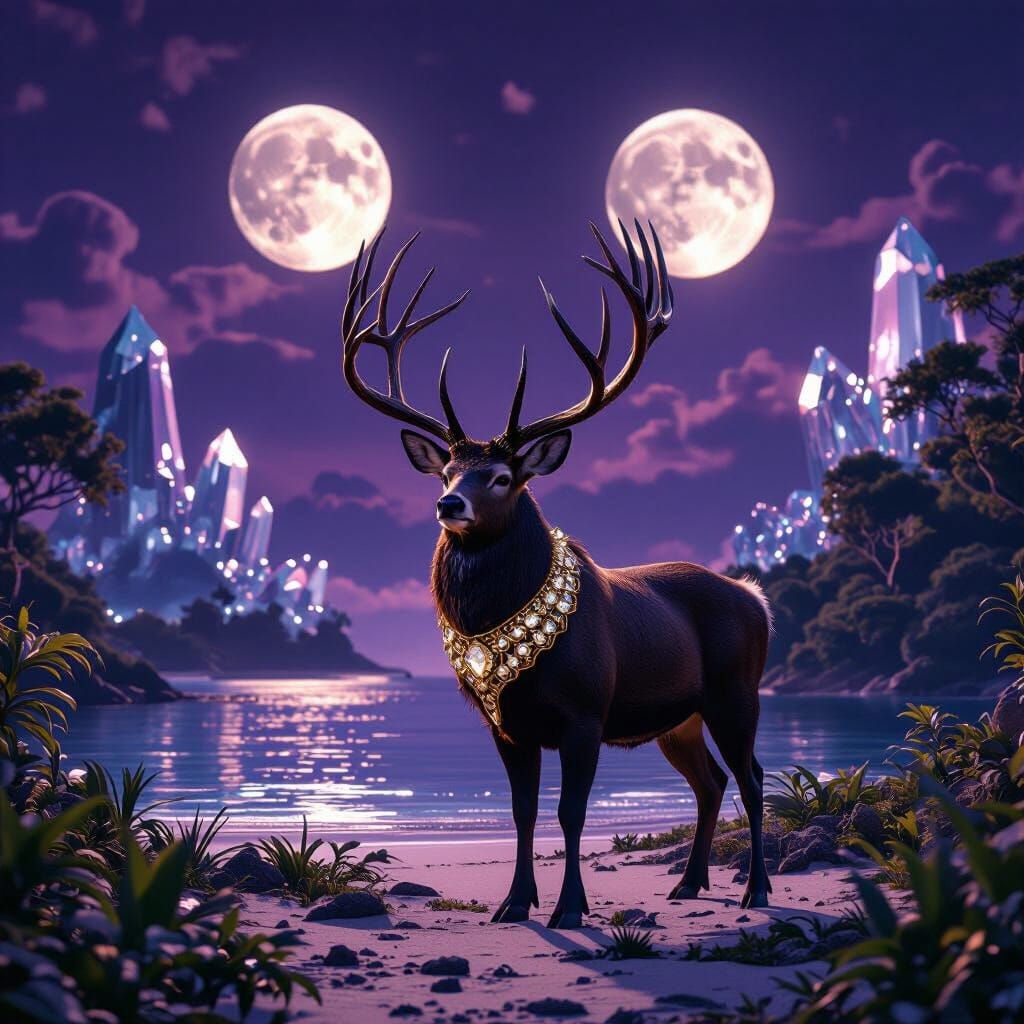 Majestic Buck on Island Under Twin Moons